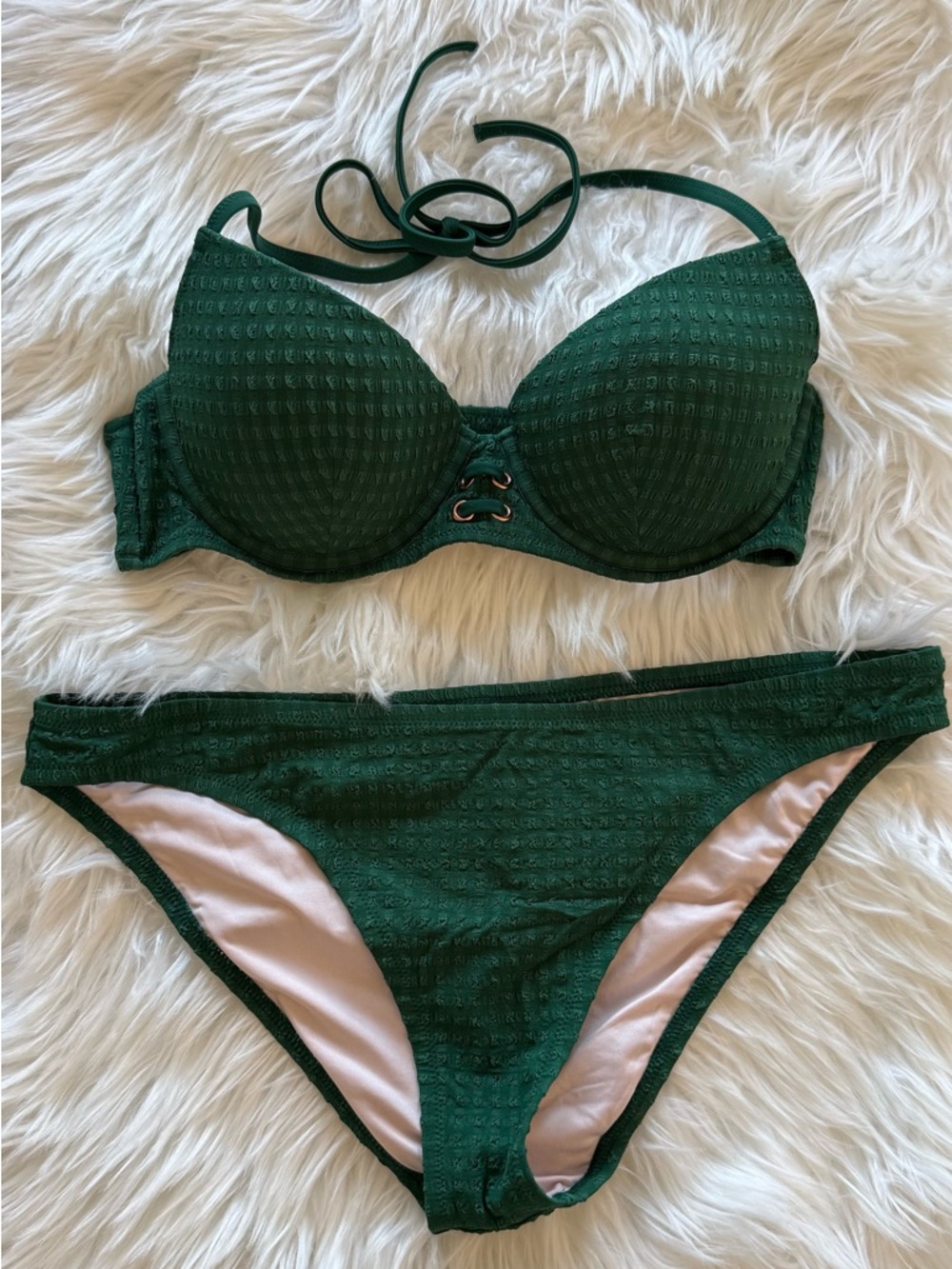 Women's Deep Green Textured Padded Push-Up Bikini Set- 36 B Top, Large Bottoms